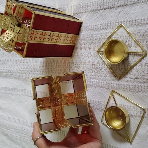 Avon present tea light candle holders with metal bow, designed glass, red gold - Picture 5 of 9